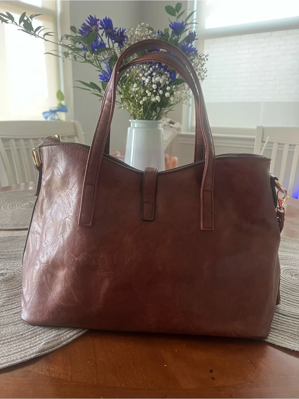 Brown Faux Leather Satchel Tote Bag